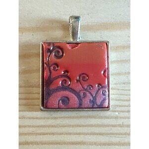 Square Red & Black Swirl Pattern Pendant With Silver-Tone Metal Base